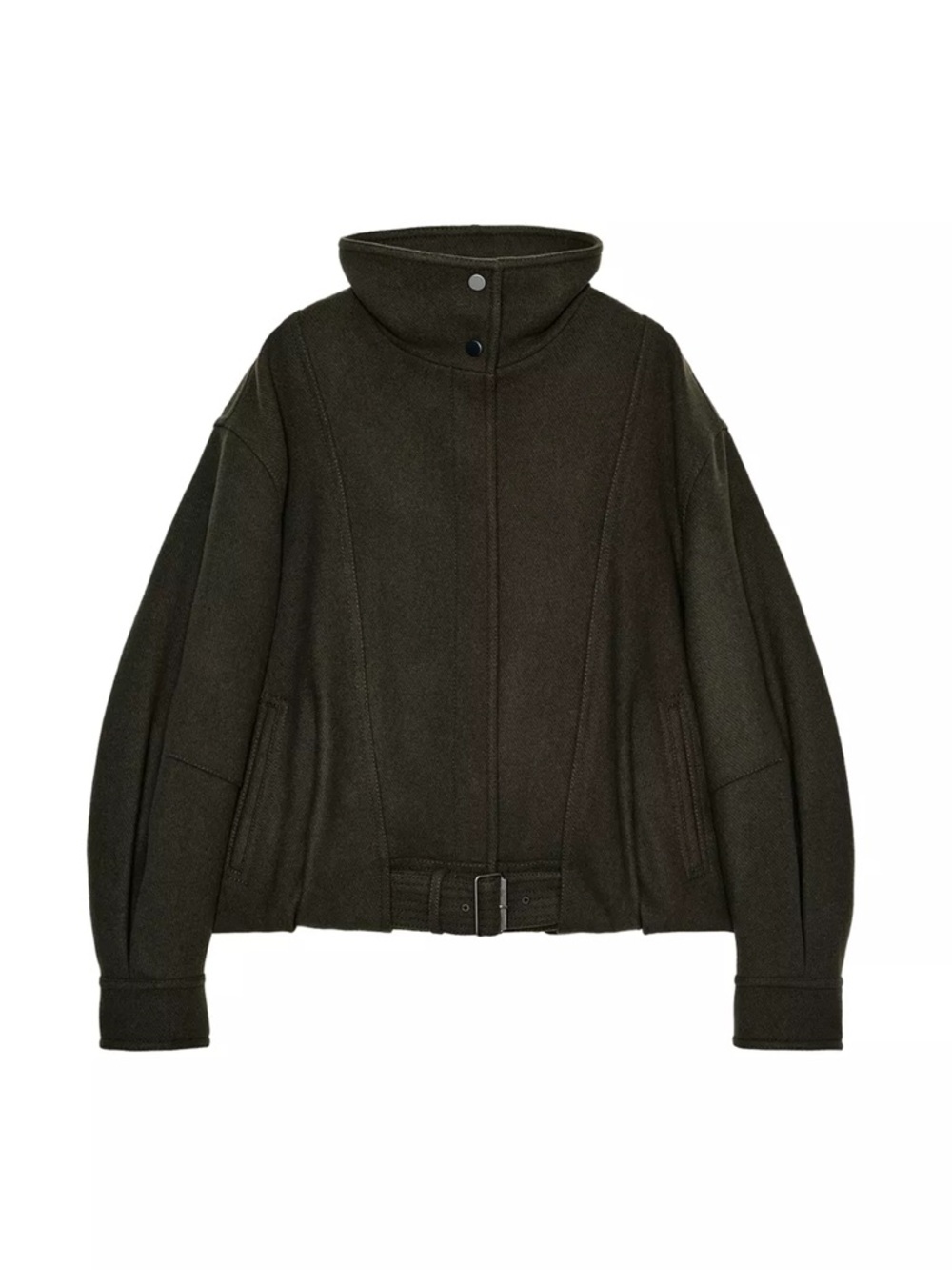 Zara Dark Olive / Khaki High-Neck Wool-Blend Bomber Jacket